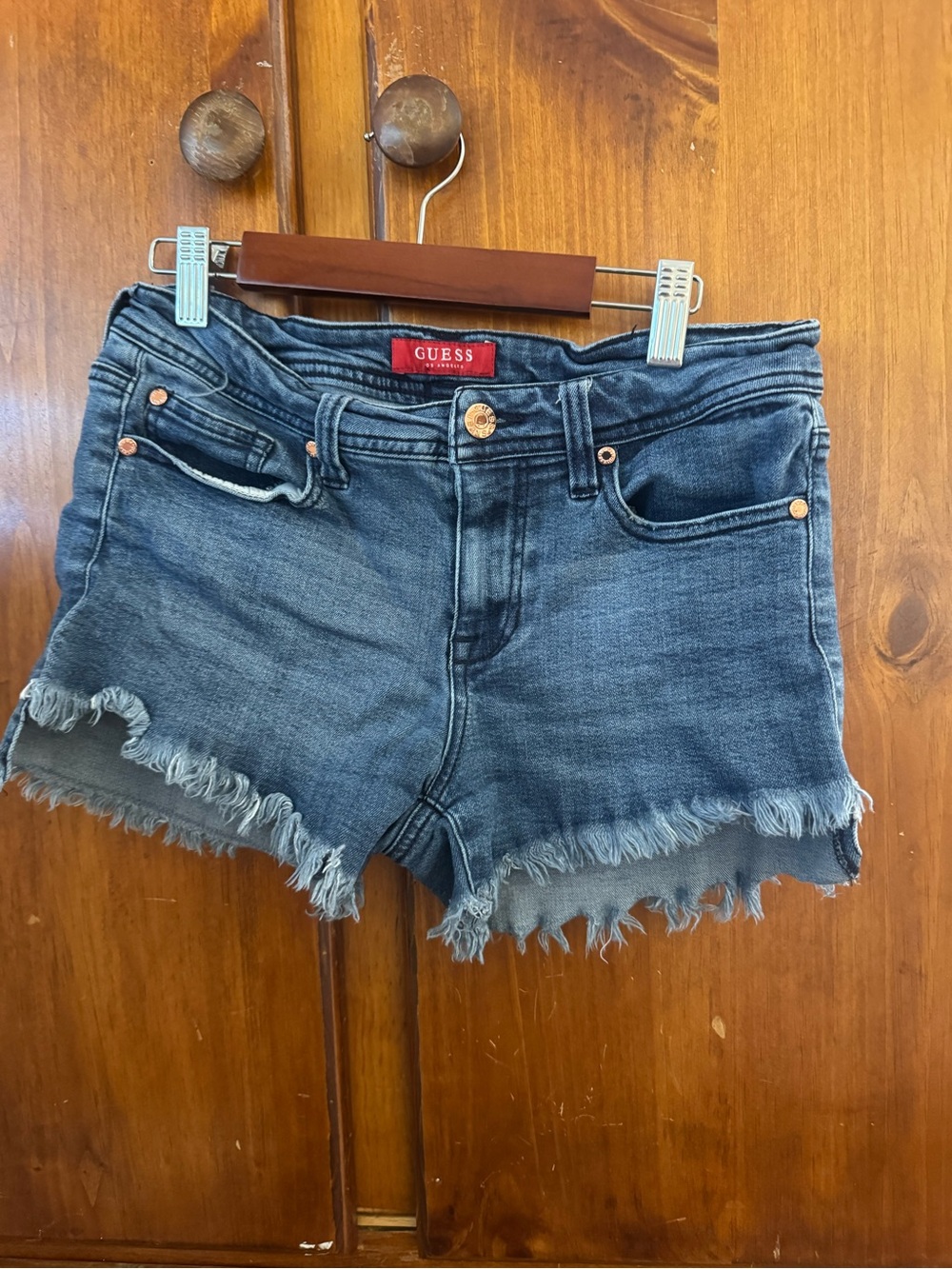 GUESS Women's Frayed Hem Denim Shorts in Dark Blue